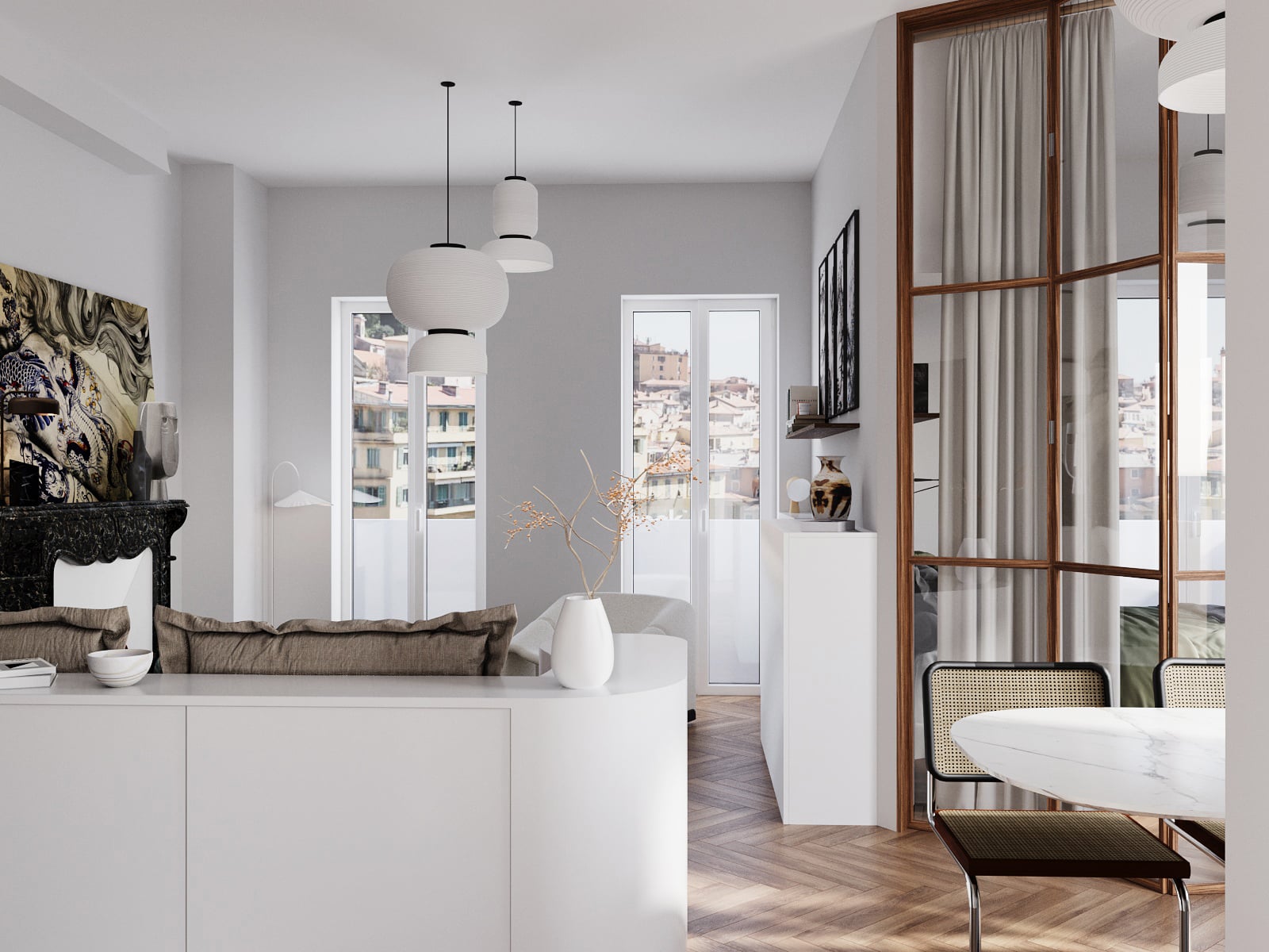 vue 3D  du coin cuisine amenagement intérieur d'un appartement à Nice